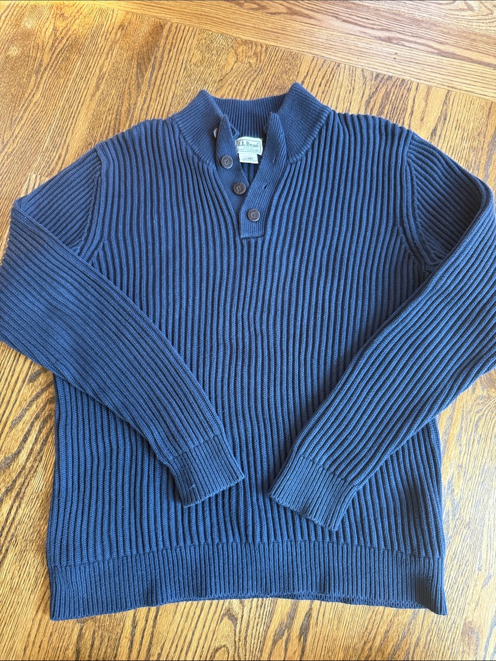L.L. Bean Men's Navy Ribbed Button-Up Mock Neck Sweater